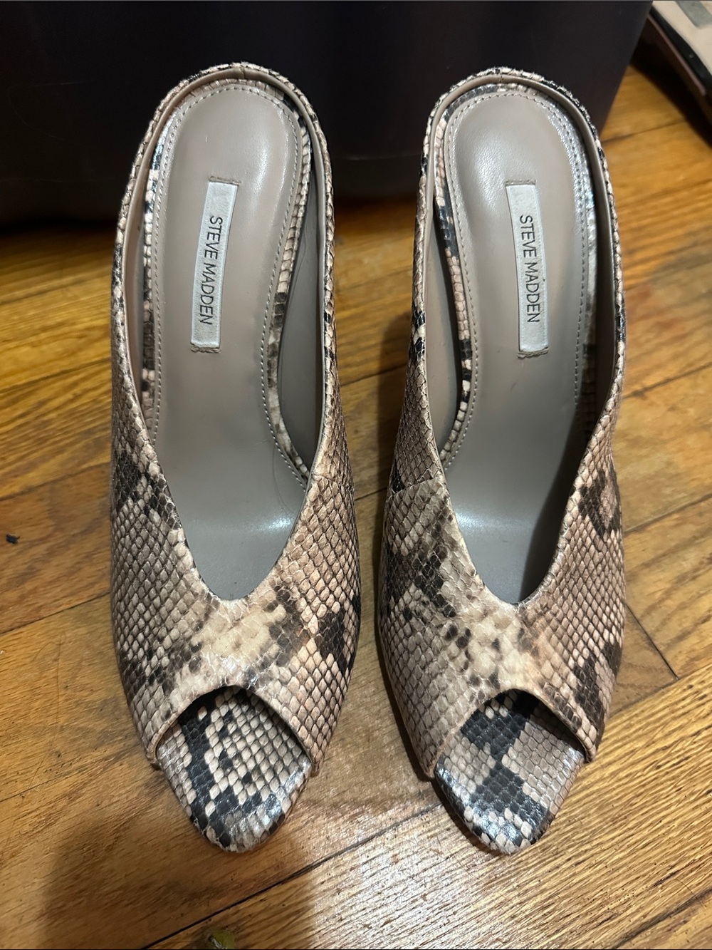 Steve Madden Neutral Snake-Print Peep-Toe Mules